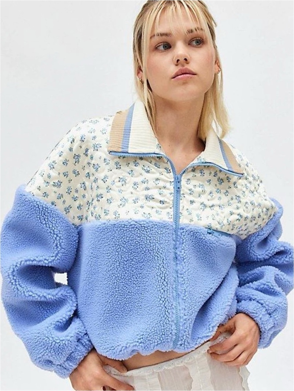 For Love & Lemons “Saide” floral print quilted blue sherpa jacket (XS)